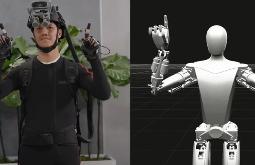 esla Data Collection Operator wearing a motion-capture suit and VR headset, simulating human movements to train Optimus humanoid robots.